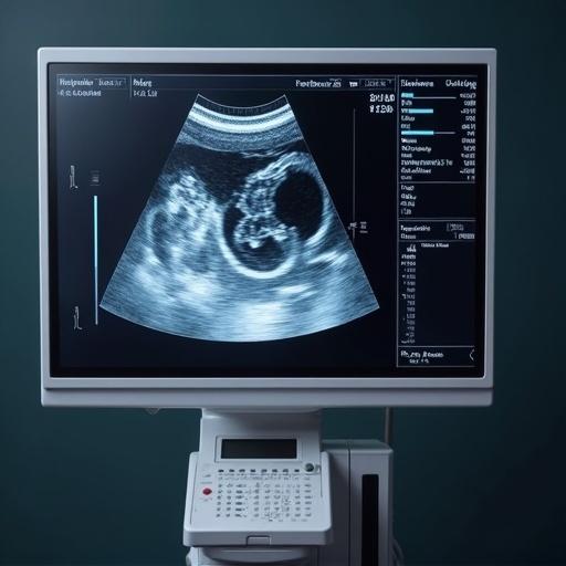 Ultrasound monitor displays an internal scan of a fetal form. The image shows details clearly with a diagnostic ultrasound layout.