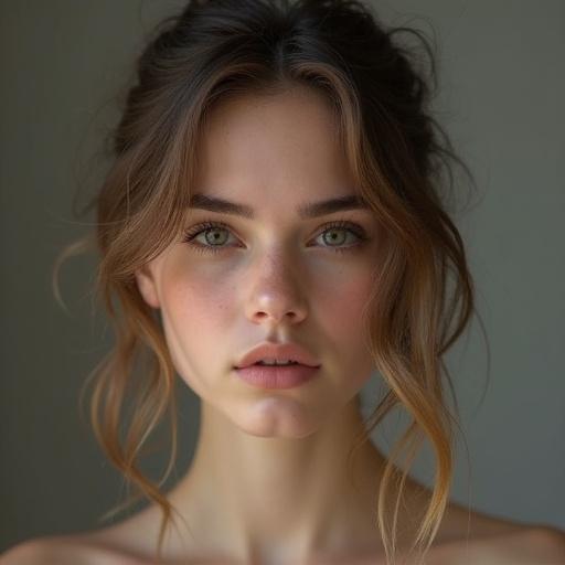 Close-up portrait of a female model with soft natural lighting. The model has long hair and captivating green eyes. She has a natural expression with a clean background.