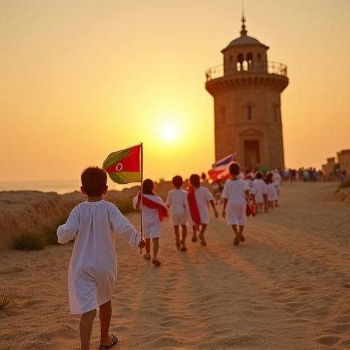At sunrise, little boy in white runs towards brown lighthouse. He carries Libyan flag. Other children follow, holding flags of various countries.
