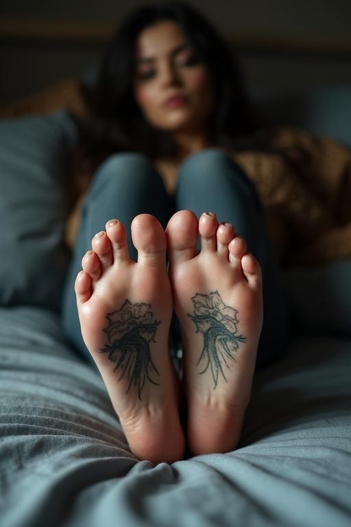 Mature goth woman lies on the bed showing tattooed soles. Attention on the bare feet with intricate tattoos. Cozy bedroom environment.