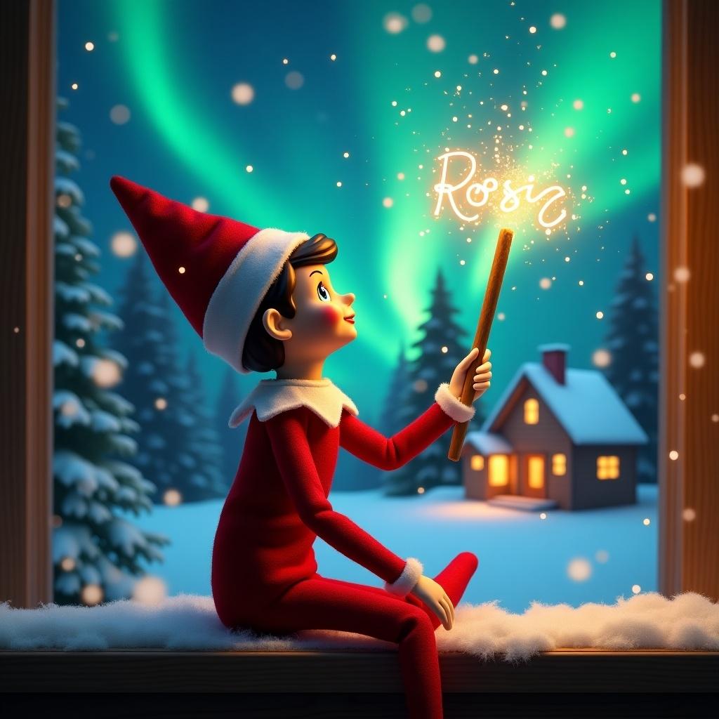 Elf on the shelf faces away. Elf looks up while holding a glowing wand. Colorful northern lights illuminate a snowy scene. Cozy house appears in the background. Snow covers the ground. Elf symbolizes the magic of Christmas. Name Rosie and Cj glows in the air.