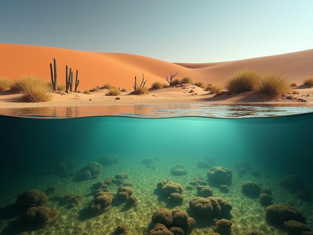 The image showcases a stunning landscape where a desert meets an underwater scene. Above the water, golden sand dunes rise, adorned with resilient cacti and sparse vegetation. Below the water's surface, vibrant corals and marine life create a contrasting ecosystem. The sunlight filters through the water, lending a serene teal hue to the underwater scene. This imaginative composition highlights the beauty of diverse environments coexisting.