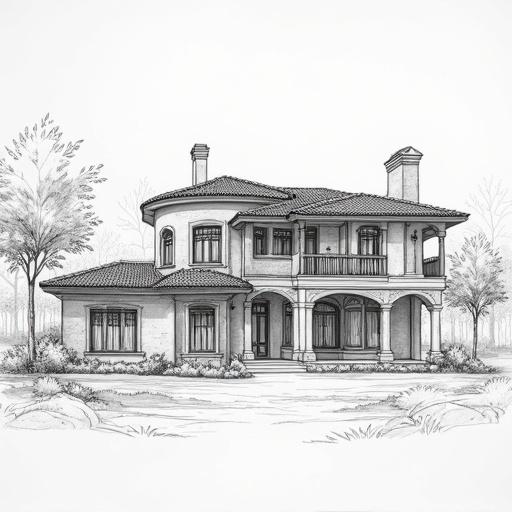 detailed blueprint showing each section of villa design with front view perspective