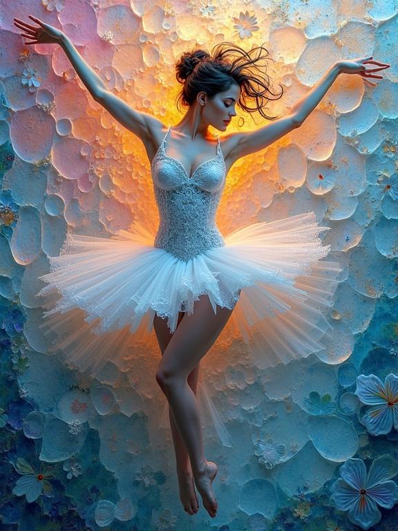 Ballerina poses gracefully amidst a multi-layered iridescent background made of ceramic tile and glass mosaic. Image features an abstract, ethereal quality with foggy details. Close-up captures intricate textures and colors. Masterpiece of art with vibrant patterns and depth.