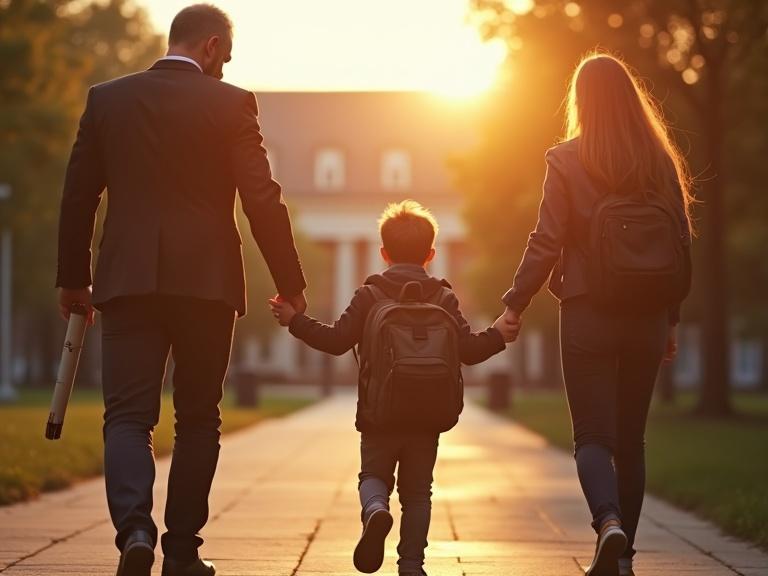 A child walks from a university building with parents. The family holds hands. A diploma is partially visible in the backpack. The scene is lit by an emotional sunset glow.