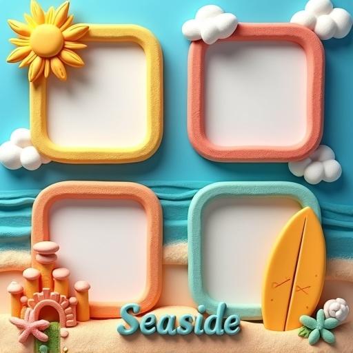 Whimsical claymation photo collage template with beach theme. Four colorful clay photo frames shaped like sun sandcastle seashell surfboard. Blank areas for photos. Frames in 2x2 grid layout, tilted for a handmade look. Background with clay seaside scene, blue sky, fluffy clouds, wavy ocean, pastel sand, starfish and seaweed. Raised clay title 'Seaside' at bottom center.