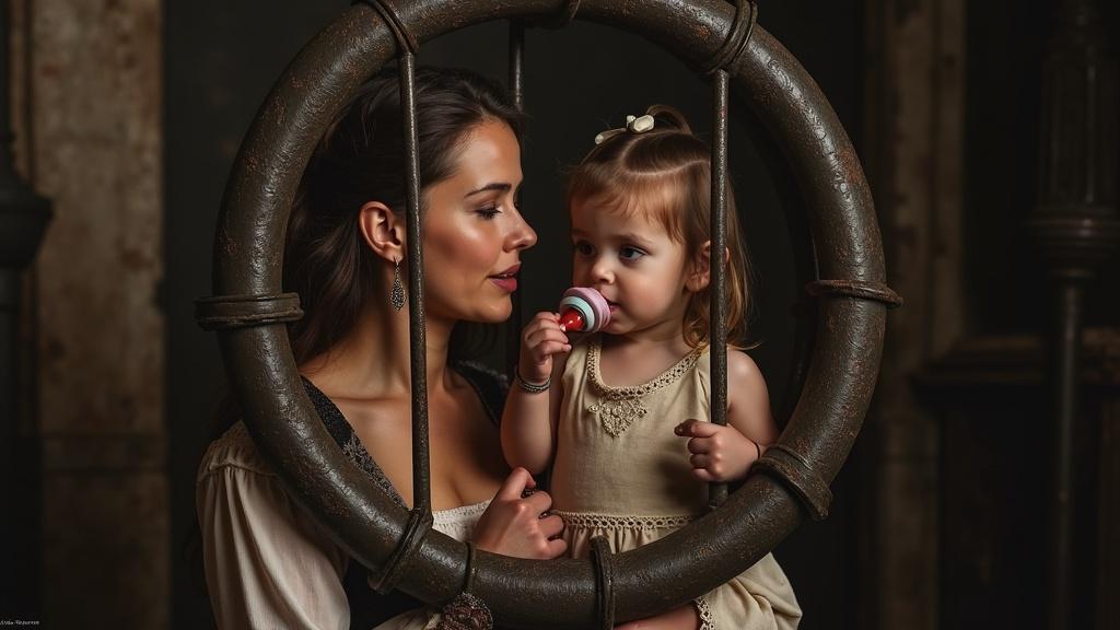 Mother and daughter playfully interact inside a large medieval metal gibbet cage. Scene captures a medieval dungeon atmosphere with warm lighting. Daughter holds a large pacifier. Emotional facial expressions showcase their bond.