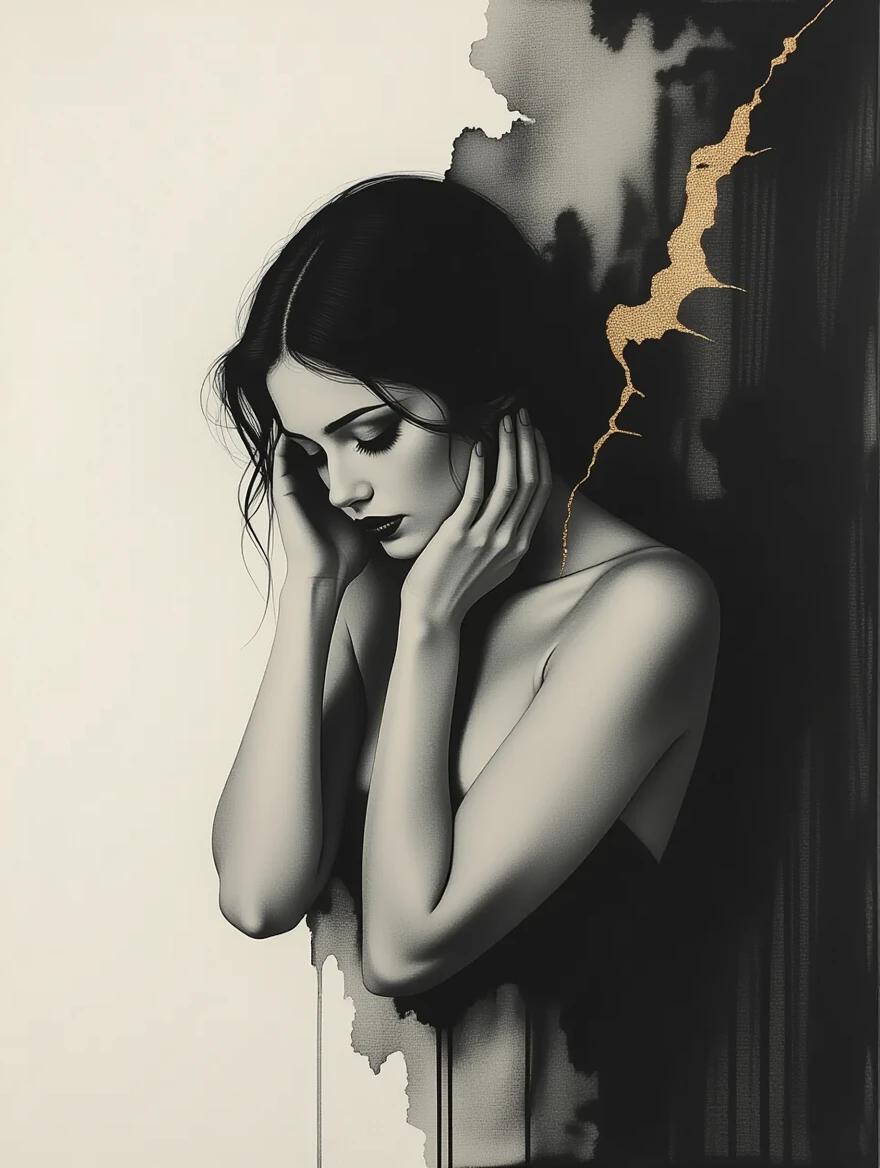 Artwork depicting a shy figure with minimalist black and white aesthetics. Conceptual in style. Combination of ink wash and textured paper. Elegant and ethereal look with hints of gold highlights.