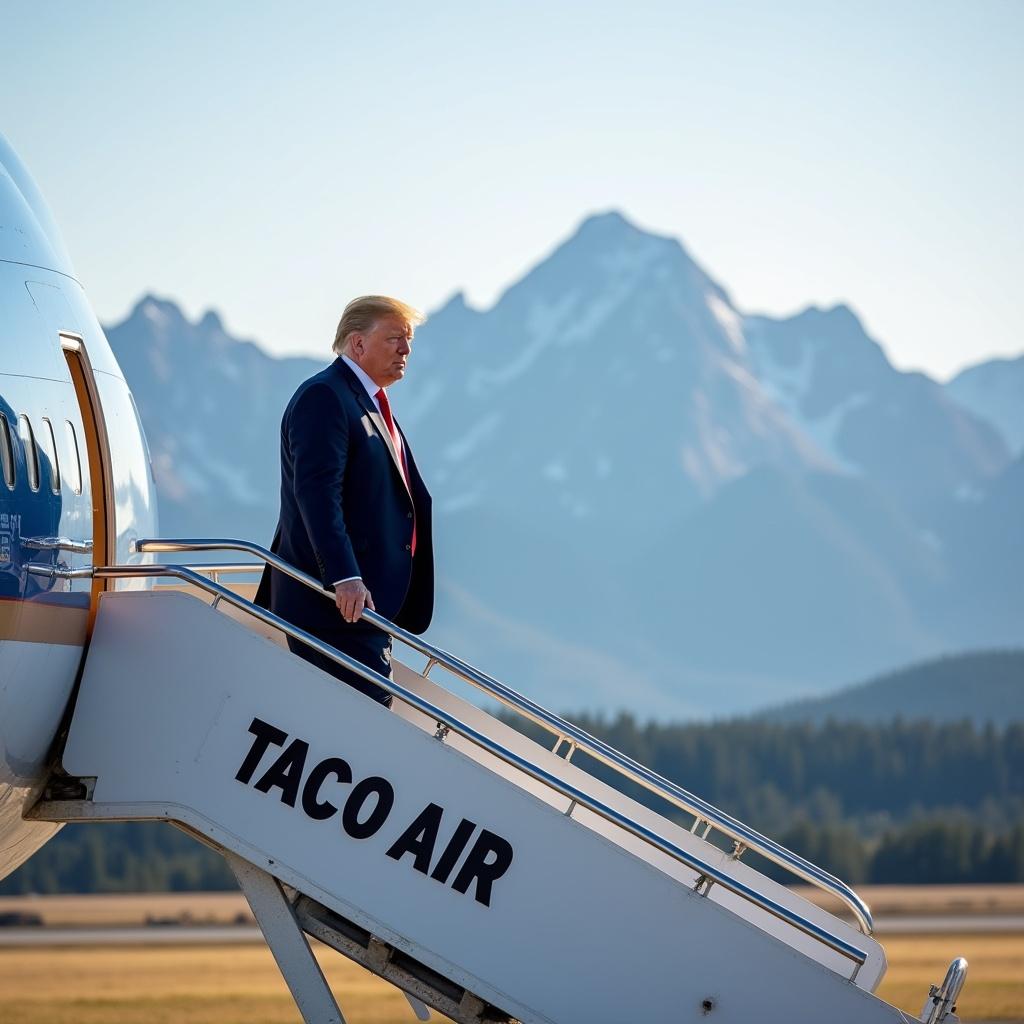 Image shows Donald Trump walking up the stairs of an airplane labeled Taco Air. Rocky Mountains are visible in the background. The photo is taken after the G7 meeting in Alberta, Canada. Bright sunlight reflects off the airplane's surface.