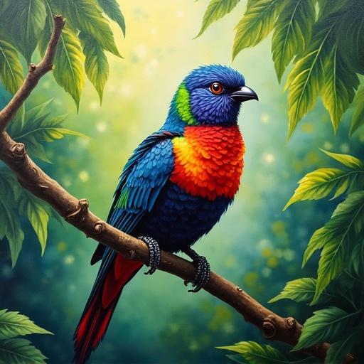 Close-up of a colorful bird perched on a lush branch in a vibrant tropical forest. Iridescent feathers shimmer with vivid hues. Soft sunlight filters through the canopy. Bold and expressive brushstrokes capture intricate details.