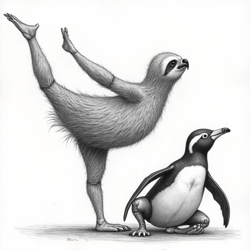 Sloths flamingos and penguins in unusual yoga poses. Loose lines and jittery anatomy. Pencil and chaotic ink scratch used. Mood is ridiculous and bendy confusion. Side angle composition with characters in awkward stances.