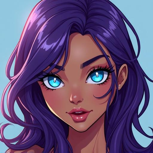 Create a sexy superhero character. Character features include blue eyes and purple hair. Character design should be vibrant and eye-catching.