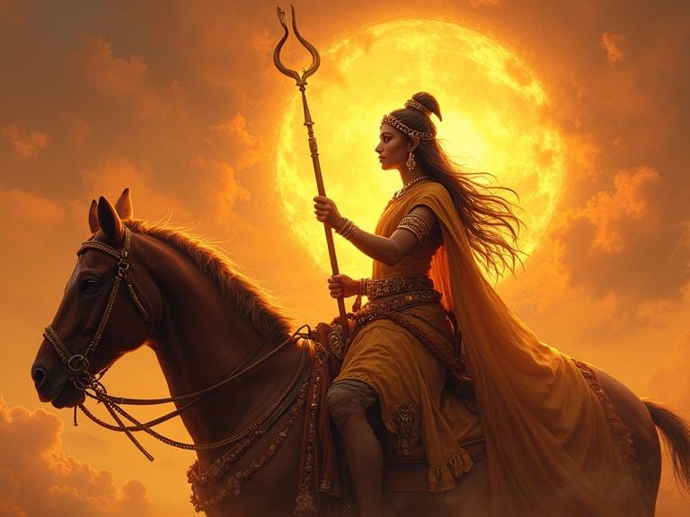 A powerful figure representing Ashokasundari rides a horse. She holds a trident and is illuminated by the bright sun behind her. The atmosphere carries a mystical quality with warm hues. The scene reflects themes of strength and destiny.