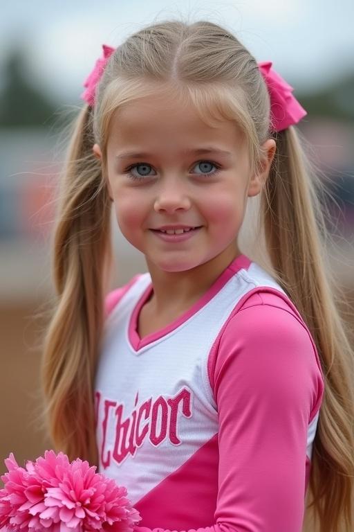 Young girl with long blonde hair in two ponytails. She has blue eyes. Dressed in a pink and white cheerleader uniform. Holding pom poms in her hands. Cheering at a rodeo event.