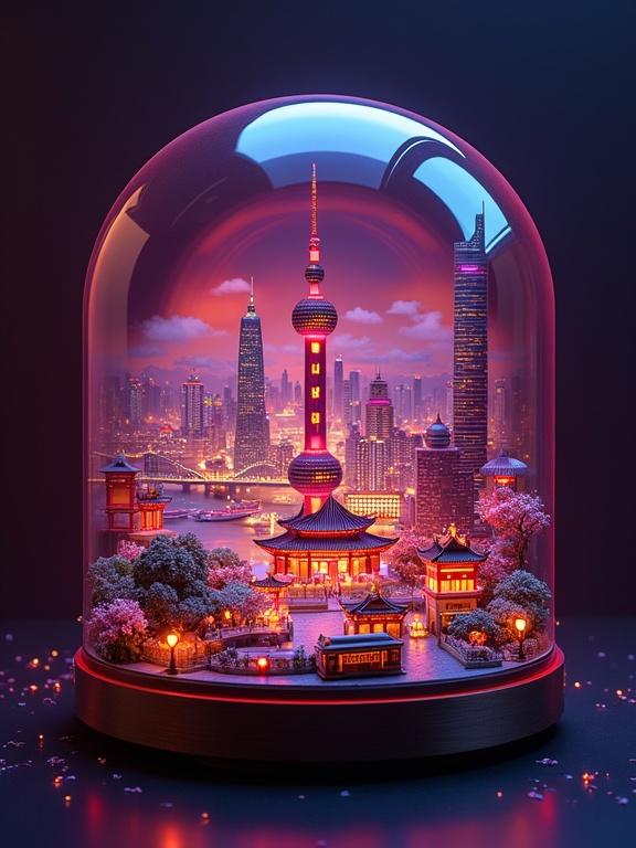A glass capsule labeled SHANGHAI rotates slowly. Inside is a miniature city with Oriental Pearl Tower, animated lights, futuristic Pudong skyline, tiny boats on Huangpu River, neon Mandarin signs, traditional temples by skyscrapers, busy street markets, glowing red lanterns, moving trams, elevated walkways, and people practicing Tai Chi in a cherry blossom park. The scene is illuminated with a vibrant red and purple glow, with reflections on the glass surface.