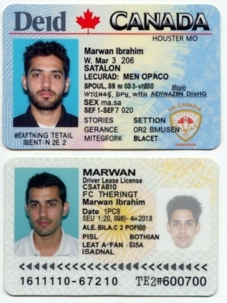 Image depicts a Canadian driver license card. Information includes name MARWAN Marwan Ibrahim sex male date of birth Mar 3 2000. Design is professional for identity verification.