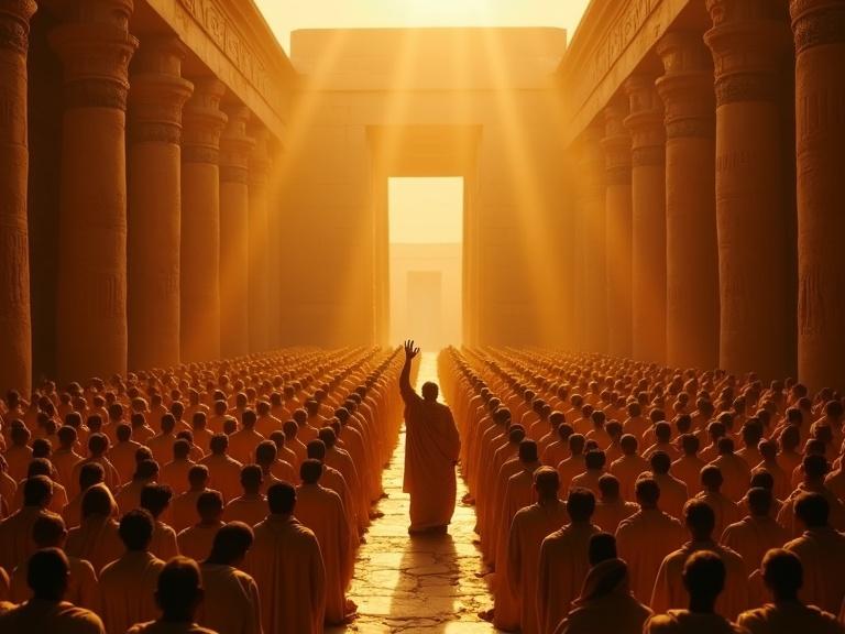 High-angle shot captures ancient Egyptian crowd bowing before temple. Monks chant in unison. Central figure raises hands in reverence. Dramatic lighting creates religious atmosphere. Golden and stone tones enhance grandeur.