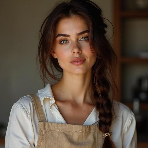 Portrait of a beautiful brunette woman with a braid wearing an apron. She exudes warmth and confidence. Soft natural light enhances her features. Background suggests a cozy kitchen atmosphere.