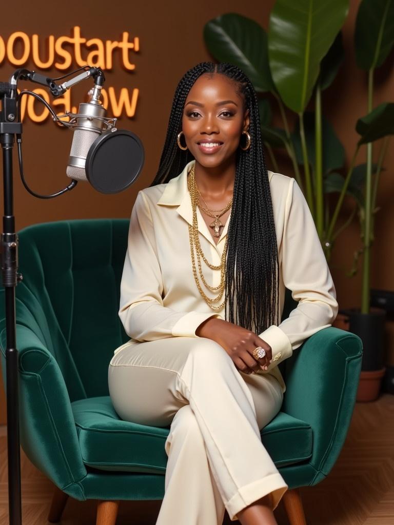 A real life image of an African American woman age 40 wearing a cream blouse and cream long pants with slight flare. She has waist-length braids and is wearing nude high-heel pumps. She has multiple gold chains around her neck, and one gold ring. She is sitting on a velvet emerald green chair in a podcast studio with a microphone. An empty chair is beside hers for a guest. The studio is warmly lit and has a sign on the backdrop that says The Journey.