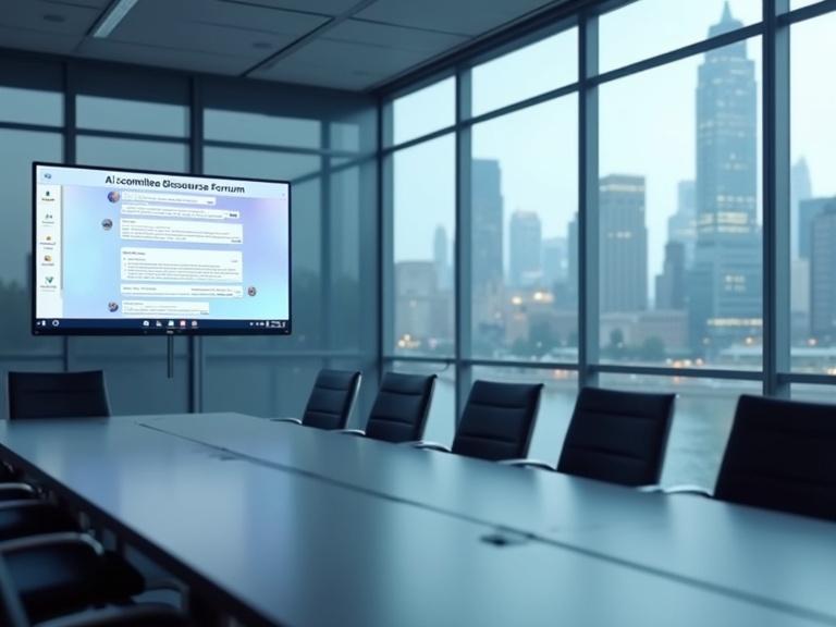 A modern conference room features a glass wall showcasing a city skyline. A computer displays the AI Committee Discourse Forum with a live chat interface.