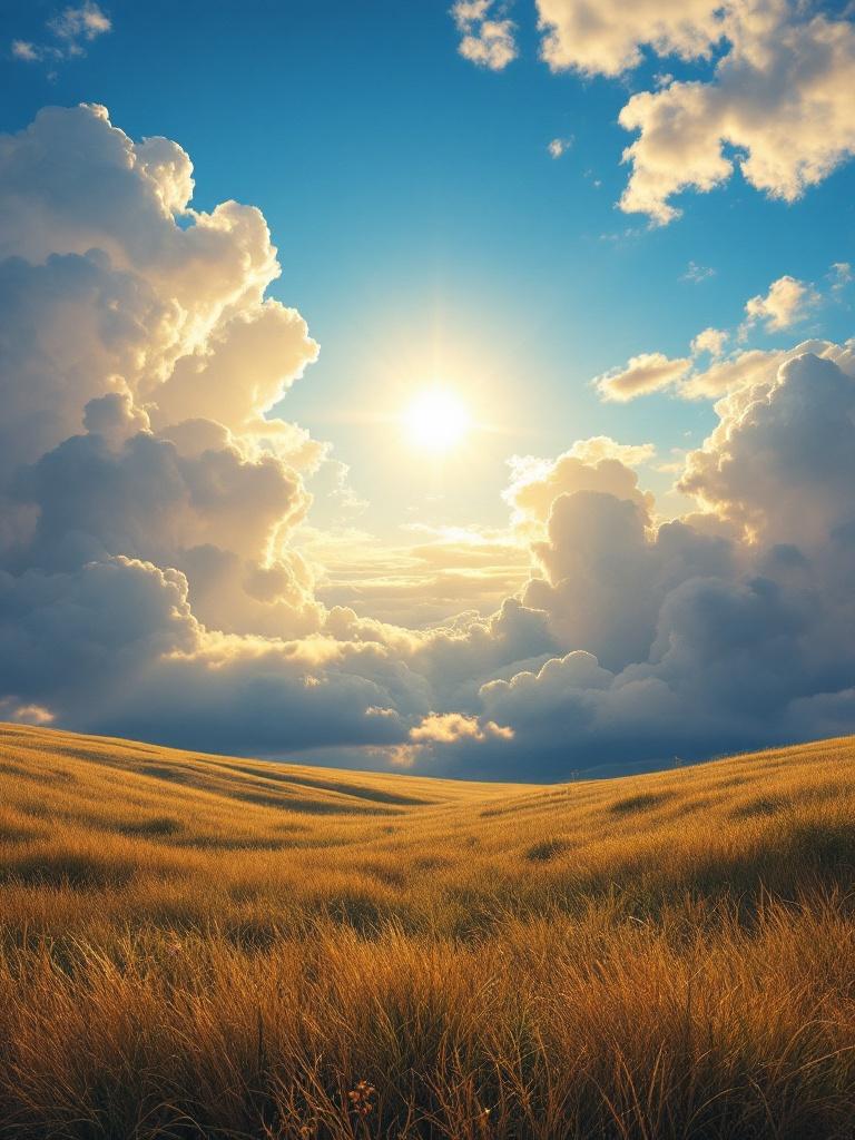 A vast grass field with golden hues stretches under a bright blue sky. Fluffy white clouds float gently. The sun radiates brightly from behind the clouds, casting a warm glow on the landscape. The scene evokes a sense of peace and tranquility.