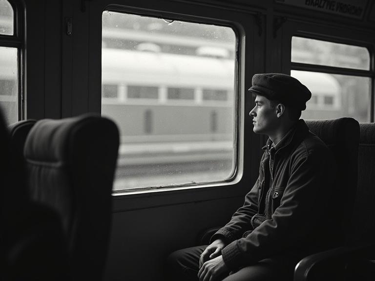 Young Russian man sitting in a train carriage at a station. He looks thoughtfully out the window at the platform opposite. The photo exhibits a vintage feel from 1955.