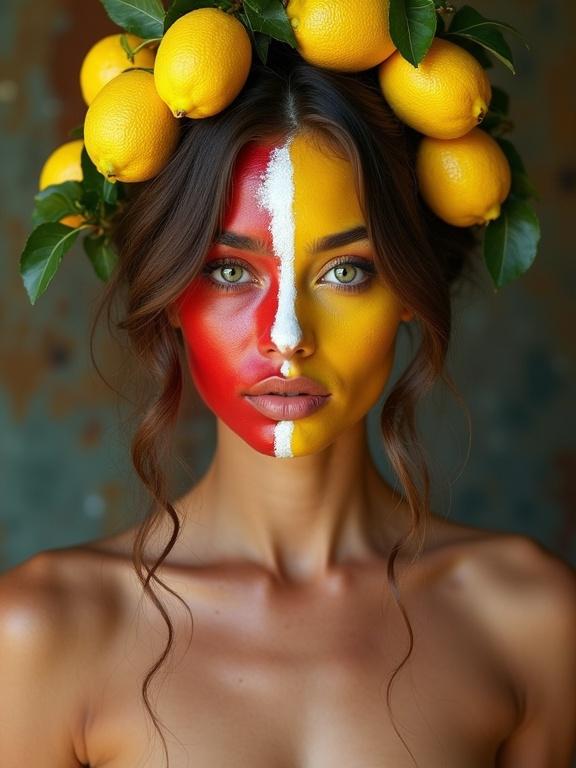 Portrait of a woman with face paint in red, yellow, and white. Naked body with tanned skin. Hair made of lemons. Big eyes and pale skin. High-detail photography.