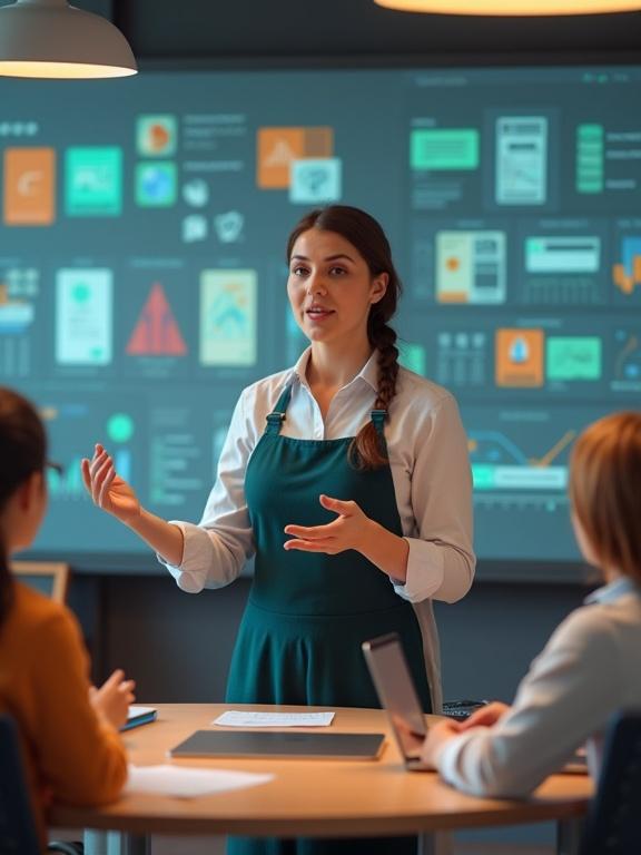 Image depicting a teacher explaining a gamification activity in a classroom setting with students engaged and a digital presentation in the background.