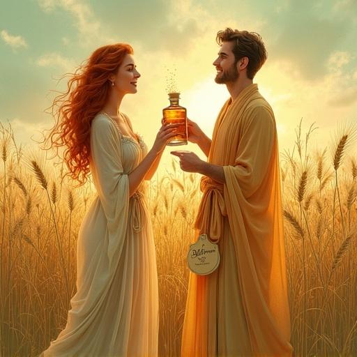 Modern Venus goddess in field of golden barley. Flowing robes; reddish hair. Holding apothecary bottle labeled 'ALFRUNO.' Toasting with male partner. Soft ethereal light; gentle breezes. Watercolor style reminiscent of Alphonse Mucha. Color palette: gentle greens, golds, earthy tones.