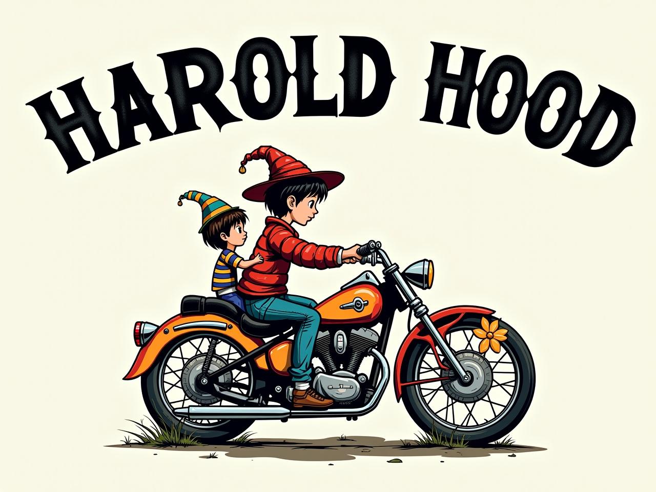 The image shows a motorcycle with two characters riding on it. The lettering above reads 'HAROLD HOOD' in a bold, playful font. The overall look is colorful, with the motorcycle having oversized flower designs on the wheels. The characters are dressed in whimsical outfits, adding to the fun vibe of the scene. To transform this into a vintage t-shirt style, apply a distress effect with an action strength of 0.8, creating transparent areas and an aged appearance.