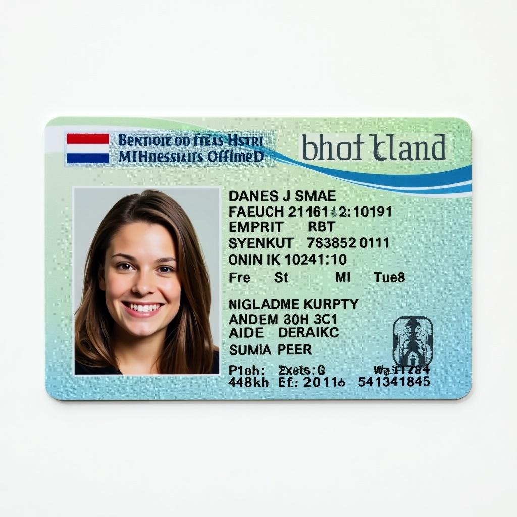 Image of a Dutch identity card with a photograph and personal details. Card features security elements. Predominant colors are green and blue. Structured information for easy reading.