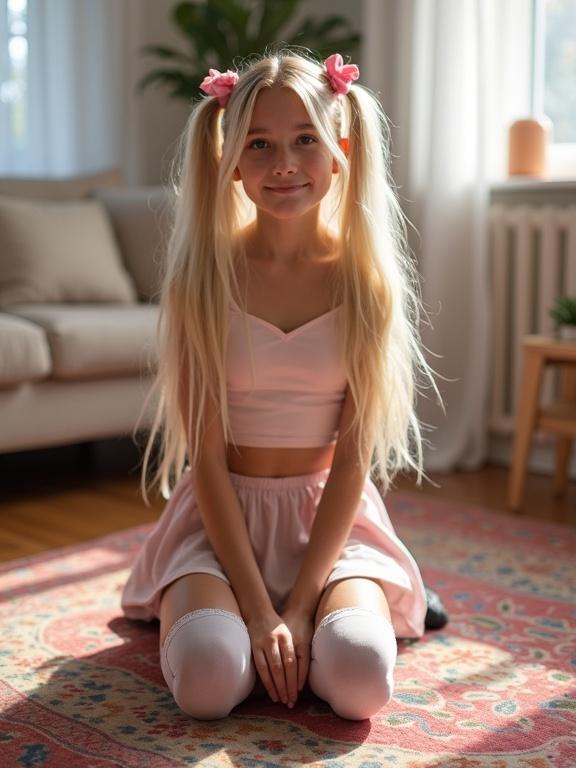 A teen with long blonde twin tails and pink bows kneels on a colorful rug. Soft light fills the living room. Hands resting on the sides. Wearing a crop top and pale pink skirt. Thigh-high socks with lace detail and black shoes. A beautiful face and flirty smile.