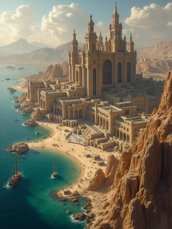 Aerial drone shot depicting a fantasy city known as Dawnstar. The city rises majestically from arid cliffs. It features grand golden domes and towering minarets. Surrounding the city is the Sea of Bones. The coastline has rocky cliffs and sandy shores. Ships are anchored in the turquoise waters. Its style merges Persian, Arab, Byzantine, and Ottoman architecture. The scene captures a blend of beauty and darkness.