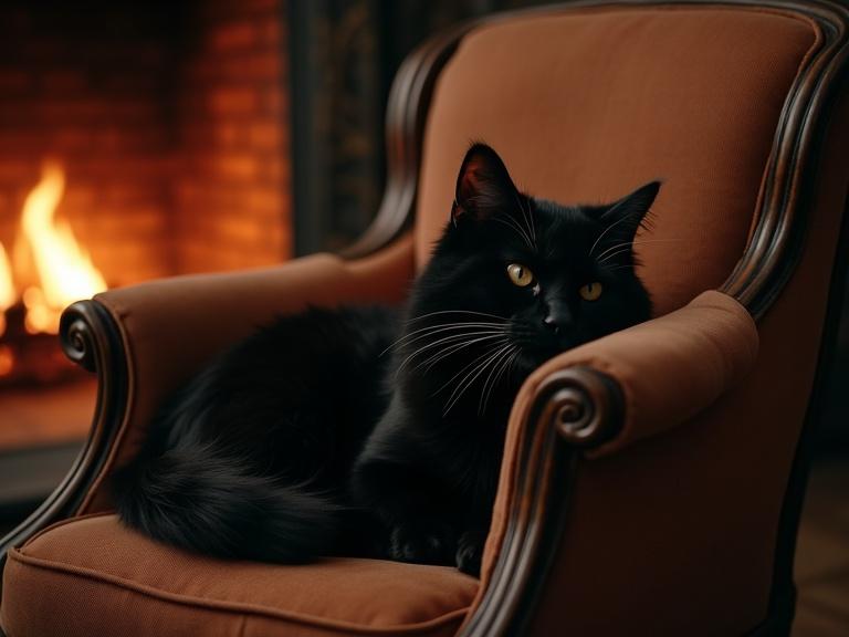 Realistic image of a black cat sitting in an elegant armchair next to a fireplace. The cat appears relaxed in a cozy evening setting. The style is classic with warm colors and a fireplace glow.