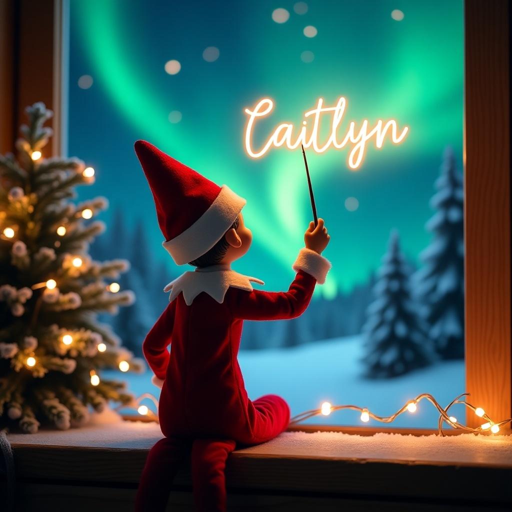 An enchanting Christmas scene features an elf on the shelf, who is seated with his back to the viewer. The elf is dressed in a traditional red and white outfit. He wields a magical wand and writes 'Caitlyn' in glowing letters above him. The backdrop showcases vibrant northern lights illuminating the sky. The festive tree nearby adds to the whimsical atmosphere, creating a sense of wonder and excitement for the holiday season.