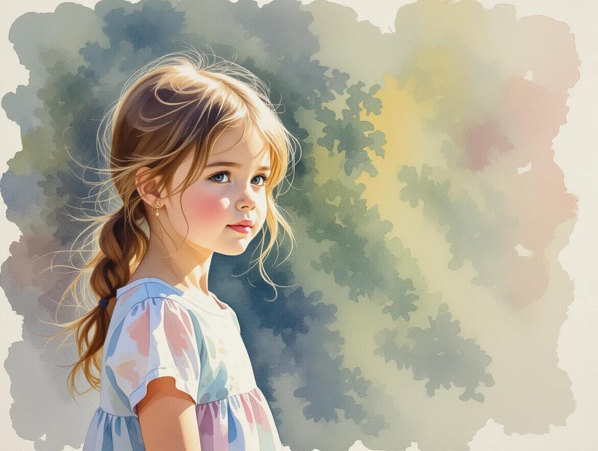 Watercolor painting shows a girl with a side profile. Hair is in a braid. Background features soft colors resembling nature. The scene has a dreamy quality.