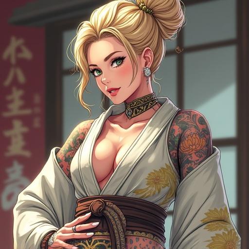Anime character in a luxurious dojo. Woman with emerald green eyes. Elegant blonde bun and light pink jewelry. Powerful look with muscular arms and abs. Dressed in traditional Judo gi with tattoos. Summer setting in a city.