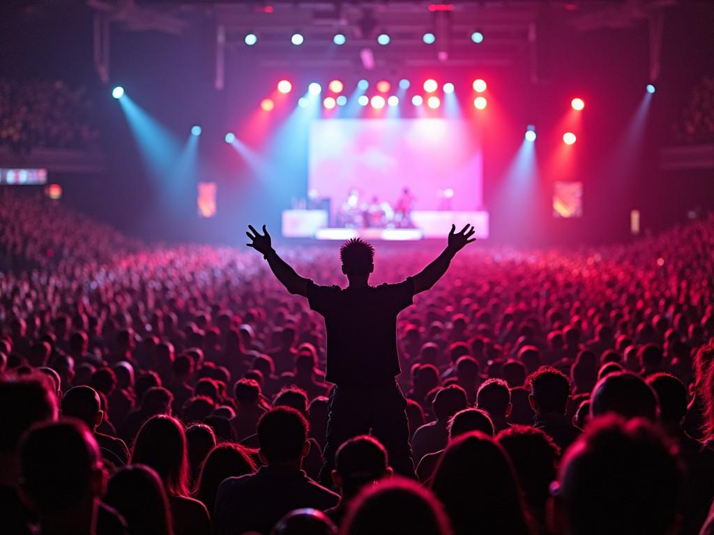 A large concert venue filled with an enthusiastic crowd is depicted in this image. The silhouette of a person stands prominently in the foreground, raising their arms in excitement. Behind them, the stage features vibrant lights and a band performing. The atmosphere is electric, capturing the joy of live music. The dynamic lighting adds to the energy of the scene. This image encapsulates the thrill of attending a concert and the connection between the audience and performers.