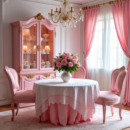 Elegant rococo dining room. Predominantly pink with gold and white accents. Features a pink table and chairs. White walls complement the decor. Includes a crystal chandelier and a vase of pink roses on a lace tablecloth. There is a pink china cabinet with a rose print china set.