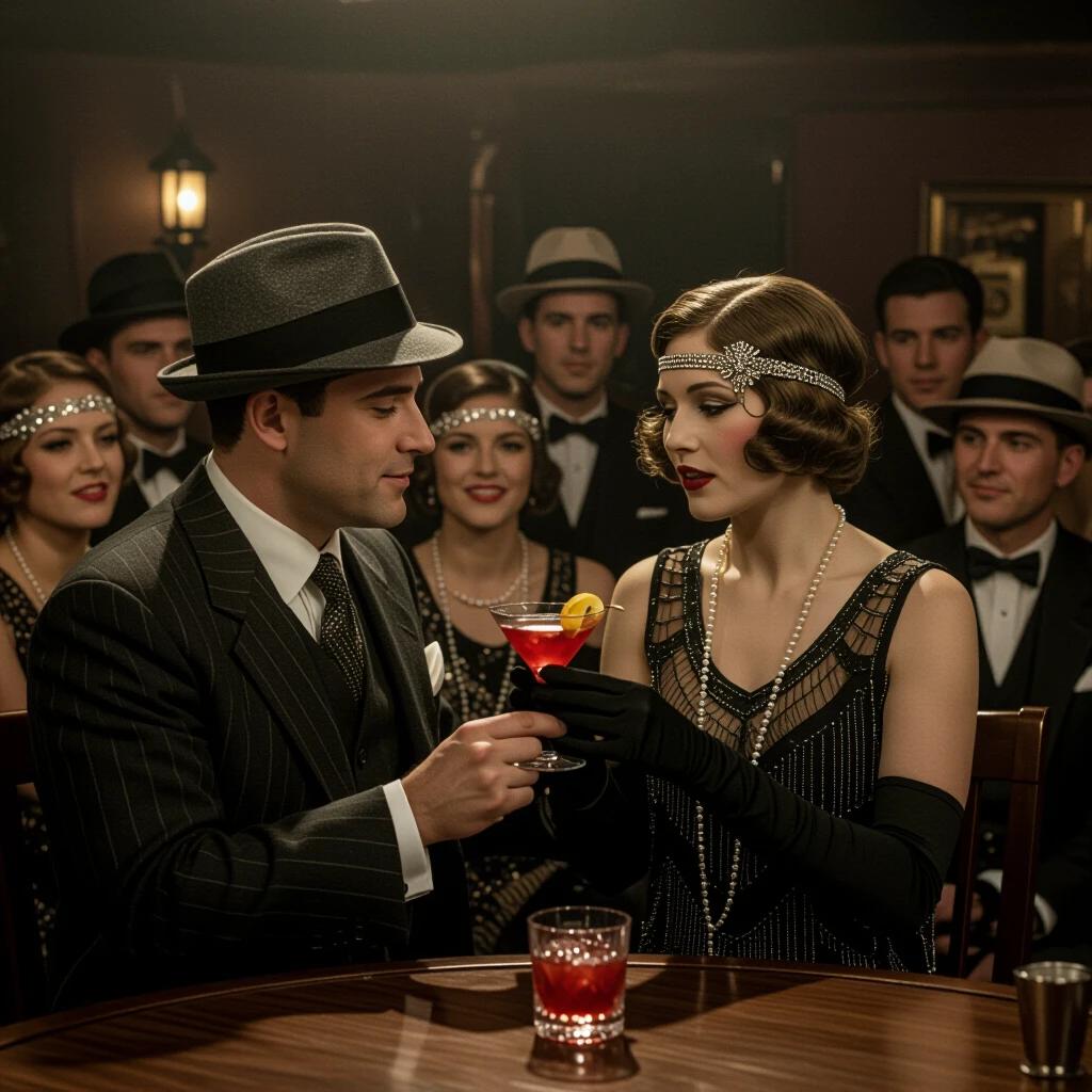 Scene set in a 1920s speakeasy featuring a gangster and a flapper. A ring is presented in a cocktail glass. The crowd shows surprise during a jazz performance.
