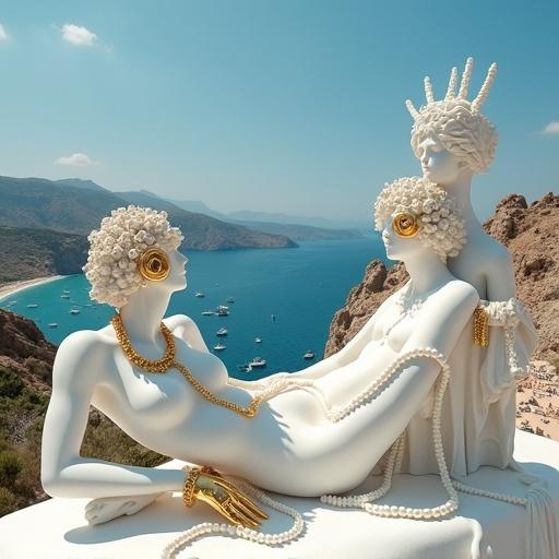 Surreal and opulent composition with marble-like figures. Figures are adorned with intricate gold and pearl embellishments. Coastal Mediterranean landscape in the background. Blend of classical sculpture and scenic vistas.