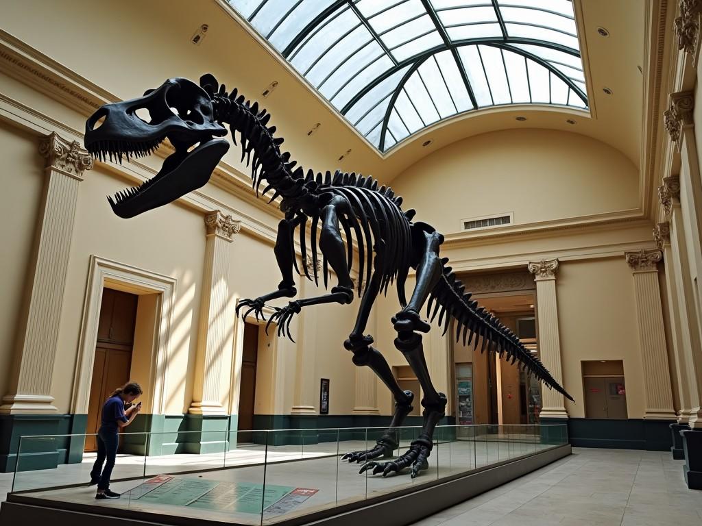 The image shows a large dinosaur skeleton displayed in a museum setting. The skeleton is posed as if the dinosaur is rearing up, with its mouth open wide as if ready to roar. The bones are arranged meticulously and showcased in a glass-enclosed case. The museum has an elegant ambiance with high ceilings and classic architecture. There are information plaques below the skeleton for visitors to read.