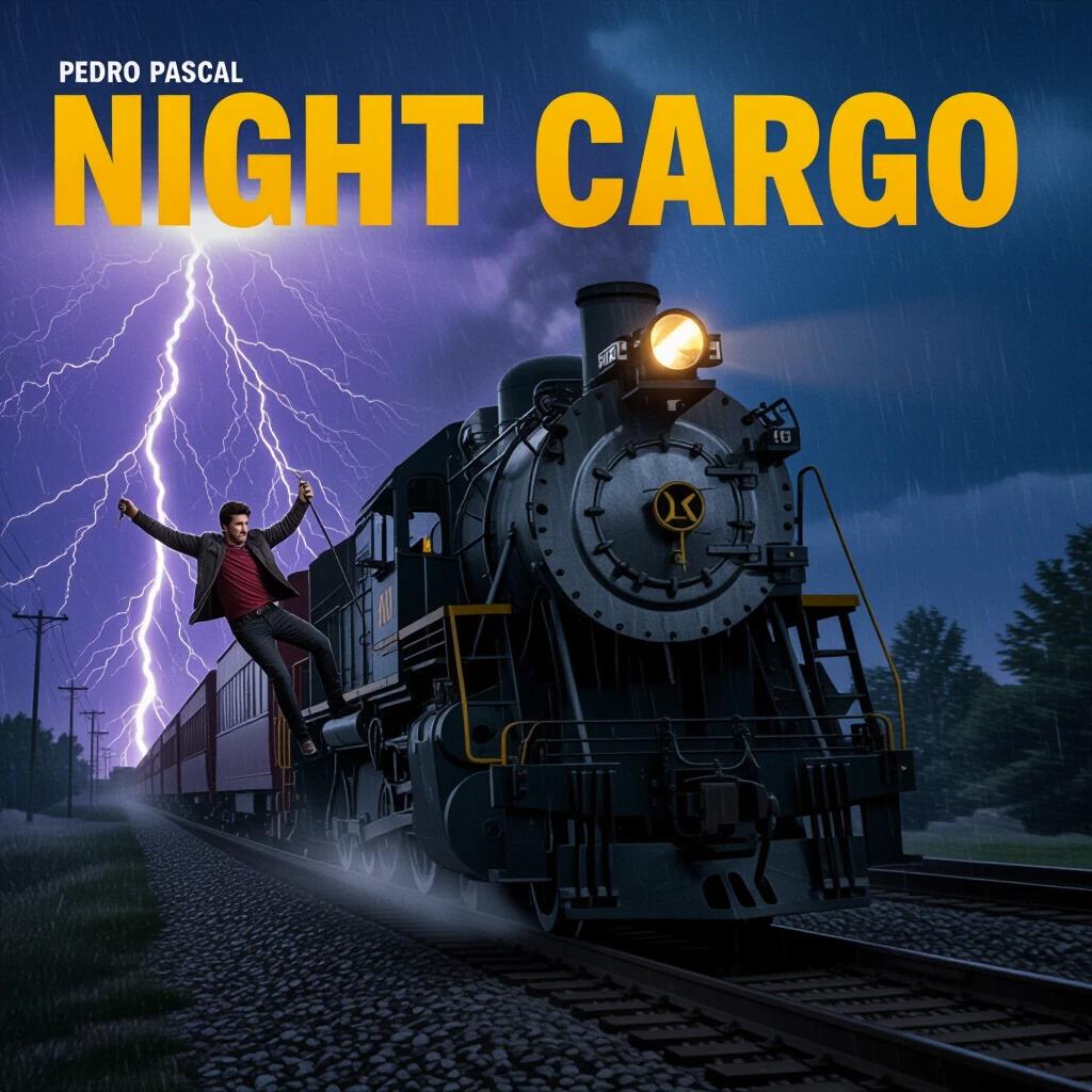 NIGHT CARGO title in yellow label font. Pedro Pascal dangles from a speeding freight train in the rain. Purple lightning and intense headlight wash. Realistic design in high resolution.