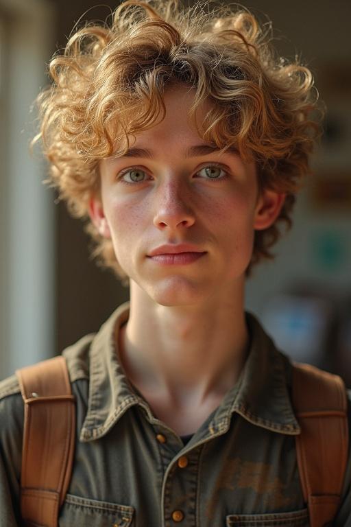 A high school boy with curly blond hair stands in a soft lit environment. He has rosy cheeks and a neutral expression. His broad shoulders indicate height over 6 feet. Soft focus on facial features.