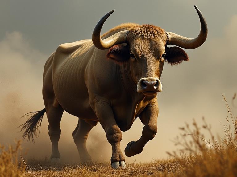 A furious bull charging forward with intensity. Dramatic atmosphere emphasizing power and movement.