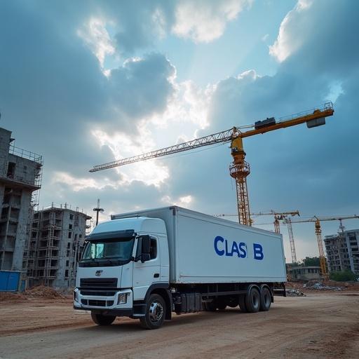 Wide-angle shot of pristine white delivery truck on dusty construction site. Truck has CLASE B in blue lettering. In background, blurred construction projects with scaffolding and yellow cranes. Dramatic sky with dark clouds and lighter patches. Lighting suggests early morning or late afternoon.