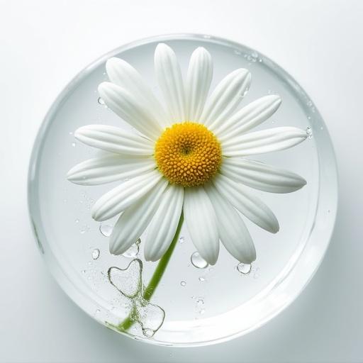 A hyper-realistic minimal product photography scene. At the center, a delicate and detailed Edelweiss flower is submerged in a clear, bright liquid inside a transparent glass Petri dish. Several droplets surround the flower in the dish. Three transparent glass pipettes extend towards the dish: one dripping liquid from above, another inserted horizontally with a small air bubble, and a third approaching from below. Multiple glass Petri dishes, some empty and others with a thin layer of liquid, are partially visible and blurred at the edges, creating a subtle depth of field. The lighting is soft and diffuse, primarily coming from above, generating soft reflections on the glass and liquid, and a faint shadow beneath the central dish. The background has a smooth gradient of cool gray, from lighter at the top to darker at the bottom. Focus on the transparency of the glass and liquid, the woolly texture of the flower, the spherical droplets, and the air bubbles. The color palette is limited to whites, silvers, and cool gray tones. Clean, scientific lab style for advertising natural ingredients.