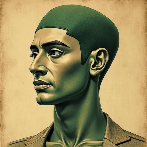 Vintage painting with muted tones. Artwork depicts a man with a pencil drawing technique. Features an Egyptian-style face with highlighted nose and Ra-inspired eyes. Background resembles an ancient manuscript. Man's body displays a green gradient with canvas texture.
