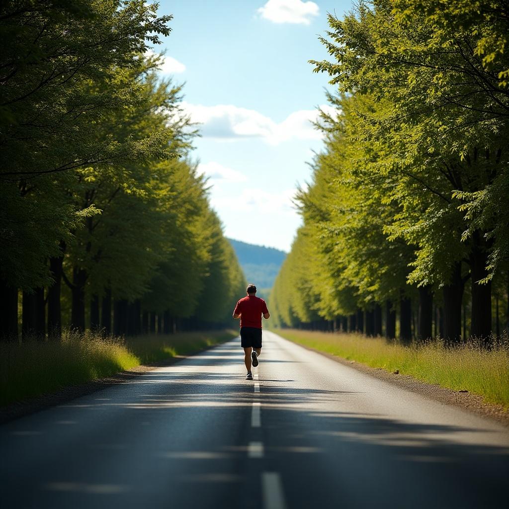 A man runs through a road surrounded by trees. Bright daylight and clear sky enhance the scene.