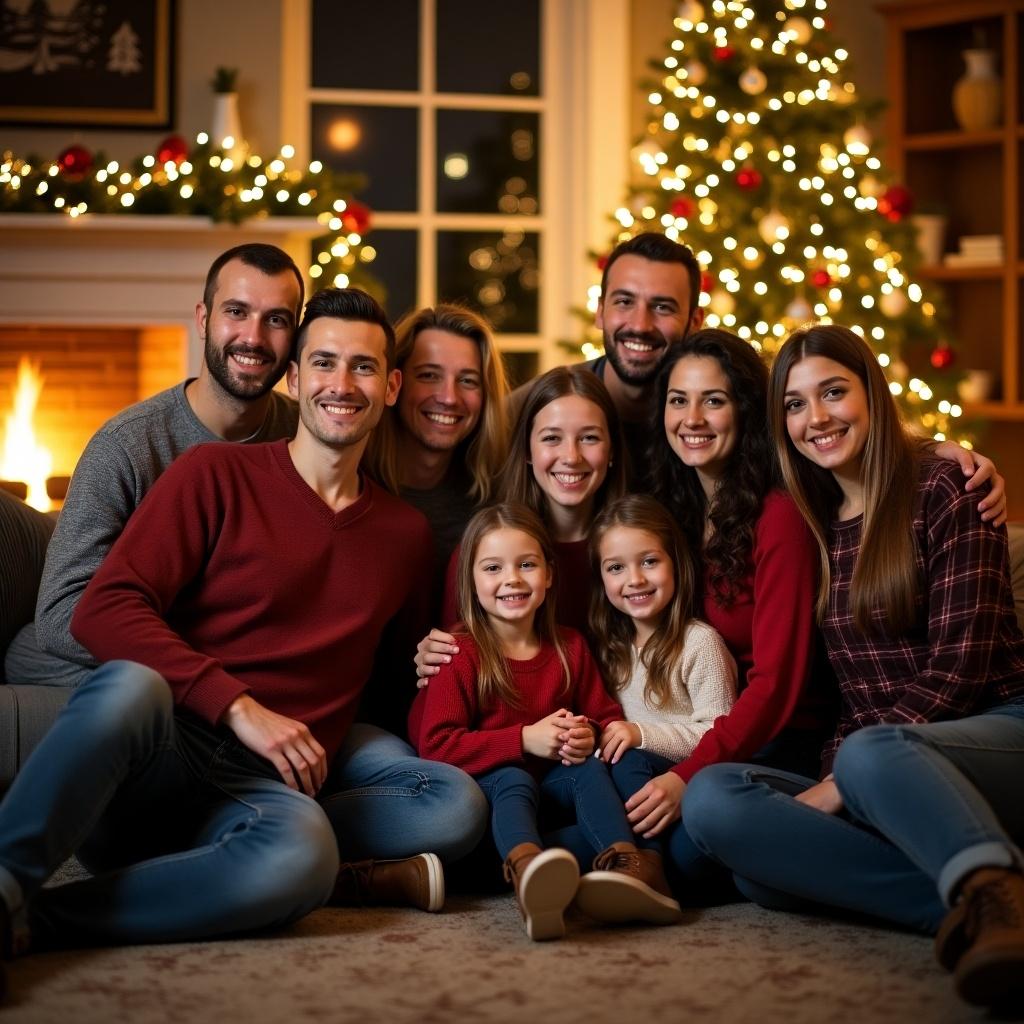 Family gathers for a Merry Christmas photo. Seven adults with cozy clothing. Living room decorated with Christmas tree and fireplace. Warm ambiance with soft lighting and festive decor.